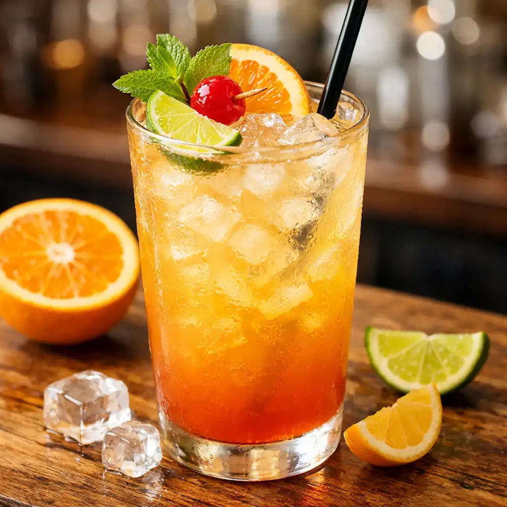 Cocktail à base d'agrumes avec glaçons sur comptoir en bois