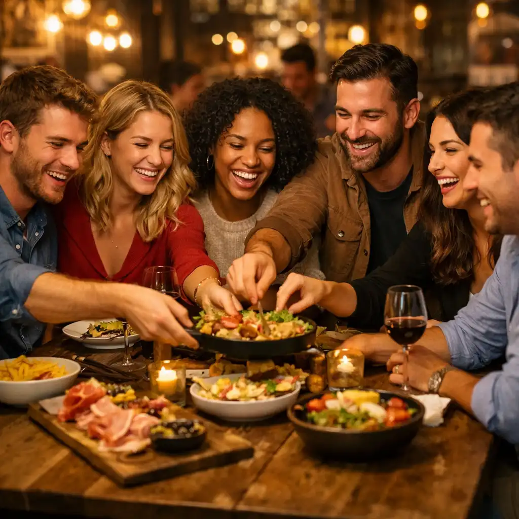 Groupe d'amis souriants partageant des plats autour d'une grande table au restaurant
