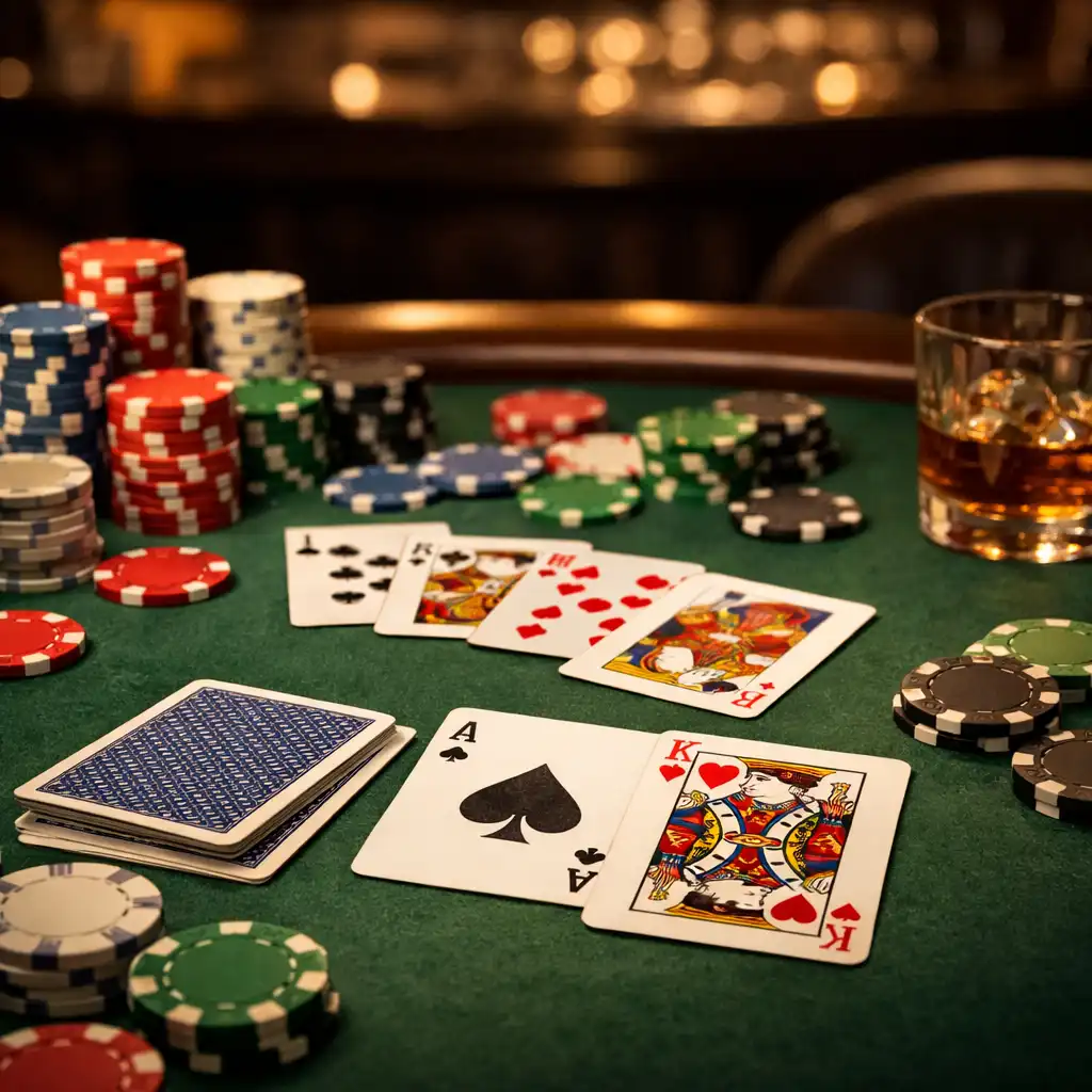 Table de poker avec cartes et jetons dans l'espace salon du Elitegrandpalace